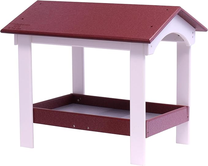 AmishToyBox.com Ground Bird Feeder, Deluxe Fly-Through Covered Feeder for Birds and Squirrels with Screen Mesh Tray (Cherry Wood/White)