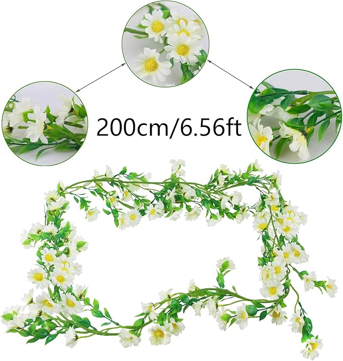 CISDUEO Artificial Daisy Flowers Vine Silk Wildflower Garland Spring Fake Flower Vine Hanging Ivy White Daisy Flowers Green Leaves for Wall Party Wedding Arch Floral Decor Home Indoor Outdoor Ceremony
