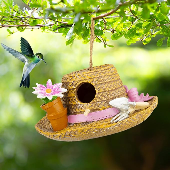 Yinns Birdhouse Hanging Bird Houses for Outside, Decorative Straw Hat Bird House Home Patio Garden Decor for Humming Bird, Bluebird, Wren Nesting