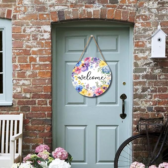 Spring Summer Welcome Door Sign Round 12 X 12 Inches Floral Welcome Wall Pediment Farmhouse Butterfly Spring Sign for Yard Porch Seasonal Summer Decoration