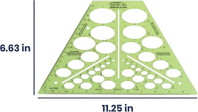Pacific Arc Isometric Ellipse Template Guide, 38 Ellipses of 35 Degrees ranging from 1/8 inch to 1 and 9/16 inch