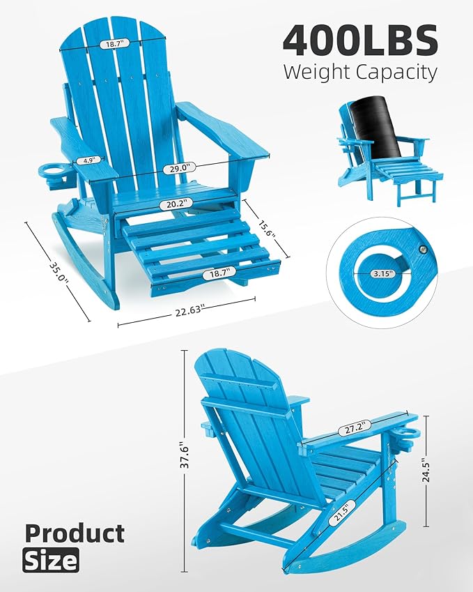 Folding Adirondack Rocking Chair,4-in-1 Multifunctional Patio Chair with Retractable Ottoman, Outdoor Chair Wood Texture, Lawn Chair for Porch, Backyard, Pool(Pacific Blue)
