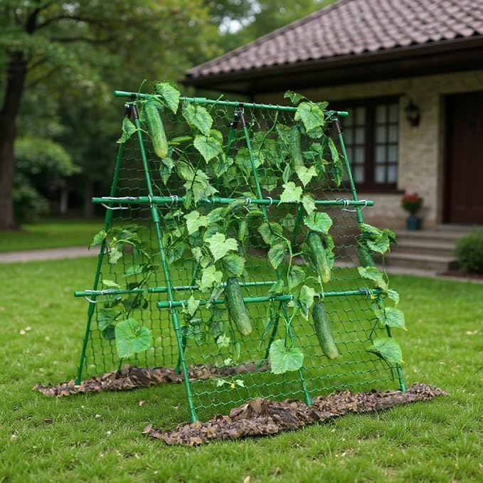Cucumber Trellis, 4ft x 4ft Green Metal A-Frame Garden Trellis for Climbing Plants – Support for Cucumbers, Tomatoes, Peas, Beans, and Vines, Includes Netting, Fits Raised Beds