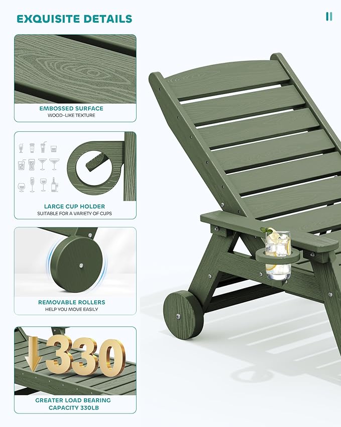 SERWALL Patio Chaise Lounge Chair, 78'' Long HDPE 5 Positions Adjustable Outdoor Lounger, Poly Lounge Chair with Rolling Wheels & Cup Holder for Pool, Avocado Green