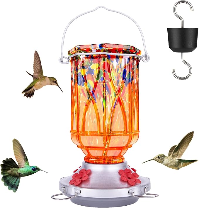 Hummingbird Feeders for Outdoors with Ant Moat, Hand Blown Glass Hummingbird Feeder, 4 Feeding Ports with Perch, Outdoor Garden Décor, 15 OZ, Orange