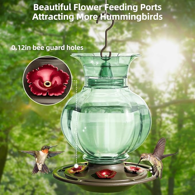 Auslar Hummingbird Feeder, Green Glass Hummingbird Feeder for Outdoors Hanging with Ant Moat, 5 Simulation Flowers Feeding Ports, 23 Ounces, Rustproof, Fade Proof, Pomegranate Shape