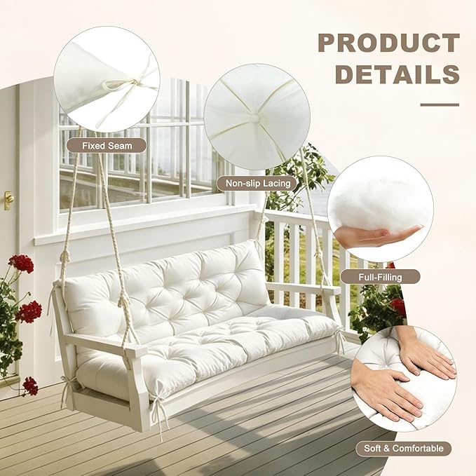 Porch Swing Cushion with Backrest, Waterproof Bench Cushion for Outdoor Furniture, 2-3 Seater Replacement Thickened Swing Cushion with Ties, Patio,Outdoor, Backyard and Garden (Cream,40x40in)
