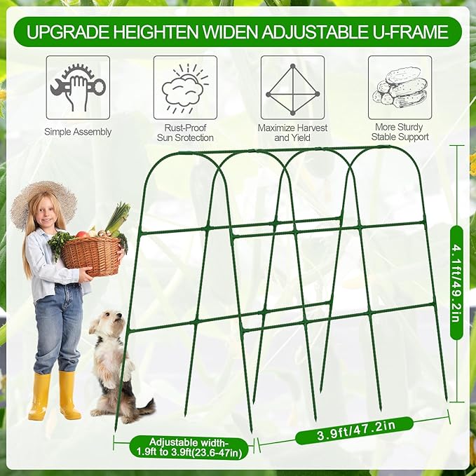 Cucumber Trellis for Raised Bed, U-Shape Garden Trellis for Climbing Plants Outdoor, Adjustable Metal Arch Vegetables Trellis with Climbing Net for Tomato, Bean, Grape, Zucchini