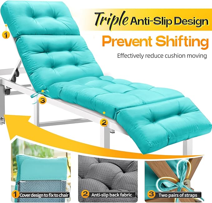 MAGIC ELEPHANT Chaise Lounge Cushion Outdoor, Memory Foam Patio Lounge Chair Cushion with Ties for Indoor Outdoor Furniture, Water-Repellent Replacement Long Chair Cushion (Turquoise)