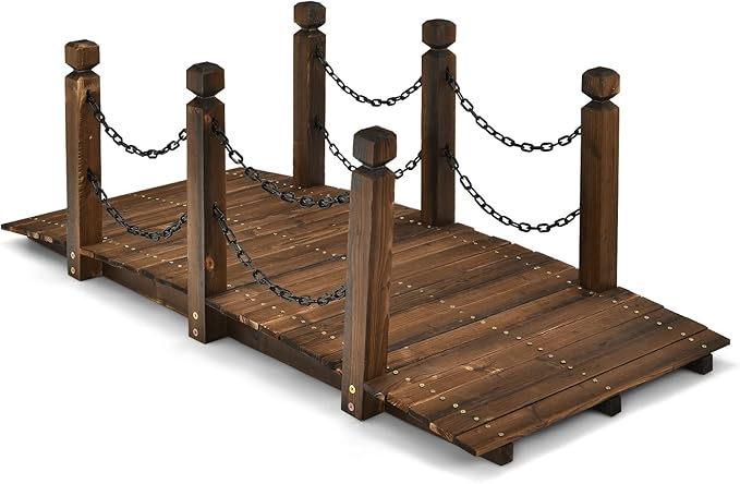HAPPYGRILL 5FT Wooden Bridge with Safe Chain Railings, Outdoor Small Arc Pond Bridge, Decorative Fir Bridge for Landscaping Garden Pond Stream Courtyard