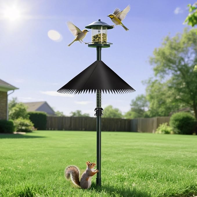 Squirrel Baffle for Bird Feeder Pole, Outdoor Squirrel Guard with Stainless Steel Spring for Shepherd's Hook, Squirrel Stopper for Bird Houses, 19 inch Black