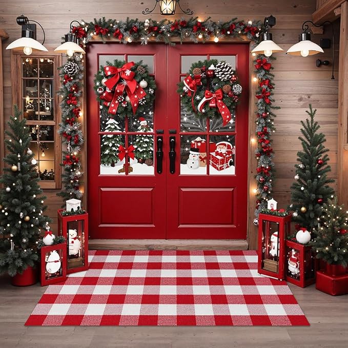 MUBIN Cotton Red White Plaid Plaid Rug, 3'x5' Outdoor Front Door Decor Mat, Hand-Woven Reversible Foldable Rug for Layered Door Mats Washable Carpet for Front Porch, Entryway, Farmhouse