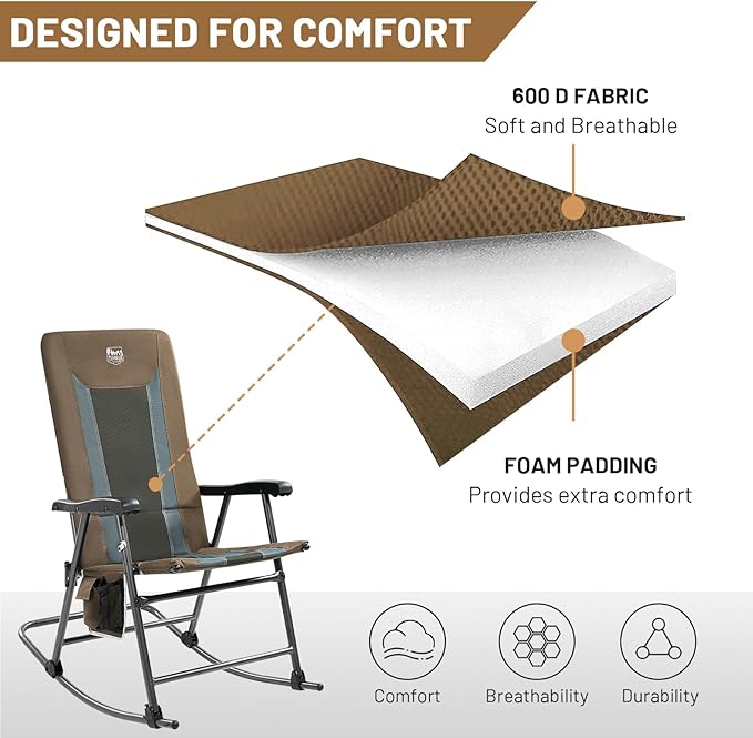 TIMBER RIDGE Outdoor Folding Rocking Chair, 29" Padded High Back Neck & Back Support, Hard Armrests for Easy Stand Up, Stable Steel Frame Supports 300 lb, Quick Fold for Patio, Lawn & RV Camping,Brown