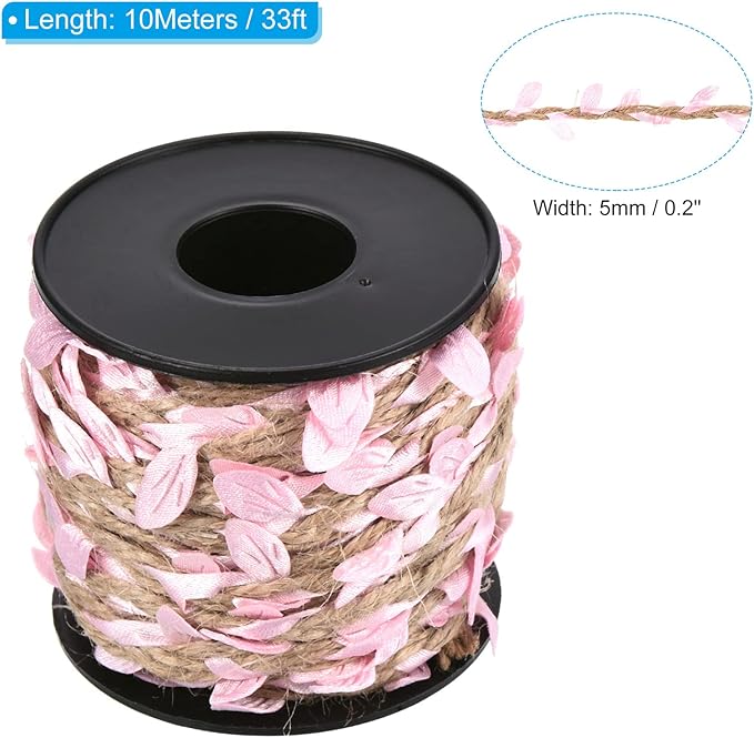 PATIKIL 33ft 5mm Burlap Leaf Ribbon, Braided Decoration Vine Natural Jute Rope Twine with Artificial Leaves for Jungle Wedding Party Home Garden Decor, Pink