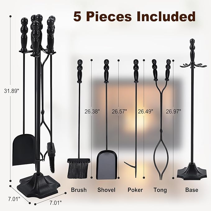 OLIXIS 5 Pcs Fireplace Tools Set Indoor, 32 Inch Wrought Iron Large Fire Place Tool Set with Stand, Fireside Accessories Kit with Poker Brush Shovel Tongs for Outdoor Campfire Fire Pit