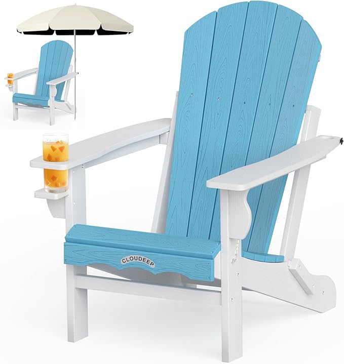 Folding Adirondack Chair –Recyclable HDPE Outdoor Adirondack Patio Chair with Cup Holder, Wood Texture & Umbrella Hole, 25-Year Fade-Free All Weather for Fire Pit, Porch, Poolside, Deck, Aruba & White