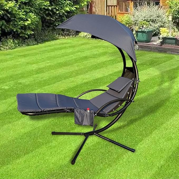 Outdoor Hanging Lounge Chair Cushion with Umbrella – High-Resilience Sponge, Side Pocket, Fade-Resistant, Patio Curved Chaise Hammock Swing Lounger Cushion Pad（Navy Blue）
