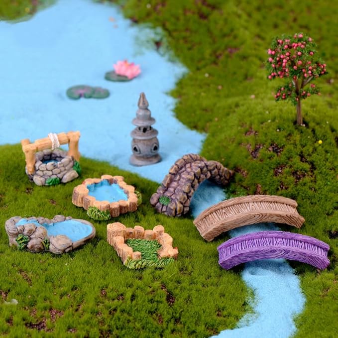 LONCESS Fairy Garden Accessories Miniature Tree House Bridge Mini Lighthouse Water Well Bridge Figurines Pond Lawn Ornament Figurines for DIY Craft Garden Decor,12 Peices