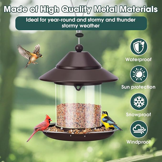 Bird Feeders for Outdoors, Hanging Small Metal Roof Bird Feeder with 2LB Clear Tube Seed Capacity for Viewing Cardinal Finch, Wild Birdfeeders for Outside Garden Yard Decoration