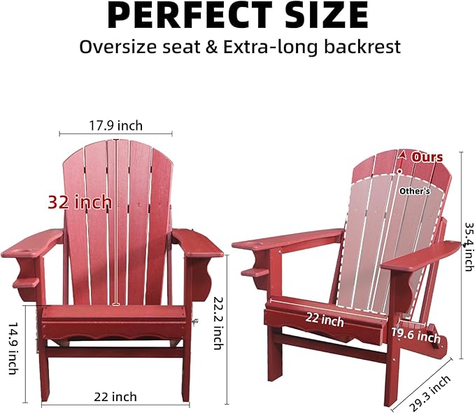 Folding Adirondack Patio Chairs, HDPE Fire Pit Chairs Weather Resistant, Outdoor Adirondack Chair with Cup Holder and Umbrella Hole, Wood Texture, Dark Red