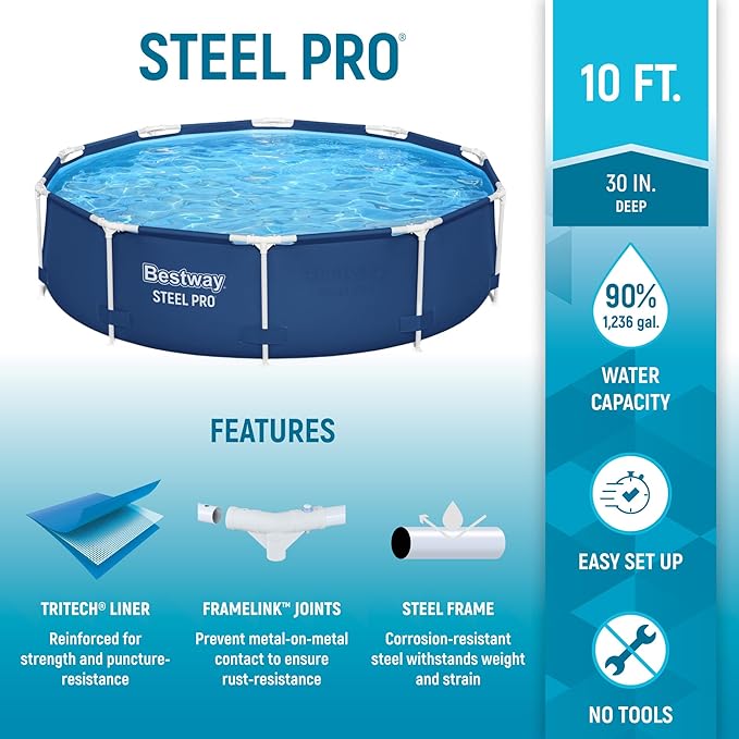 Bestway Steel Pro 10 Foot x 30 Inch Round Framed Above Ground Outdoor Backyard Swimming Pool Set with 330 GPH Filter Pump, Blue