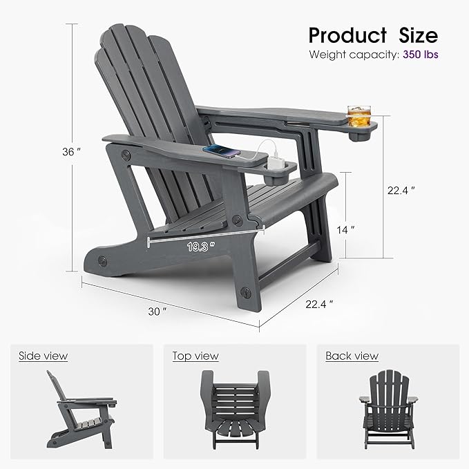 PURPLE LEAF Adirondack Chair Set of 4 HDPE All-Weather Outdoor Fire Pit Chair with 24.6" Oversized Seat Wood-Textured Patio Adirondack Chair with Dual Cup Holders for Garden Deck Backyard, Gray