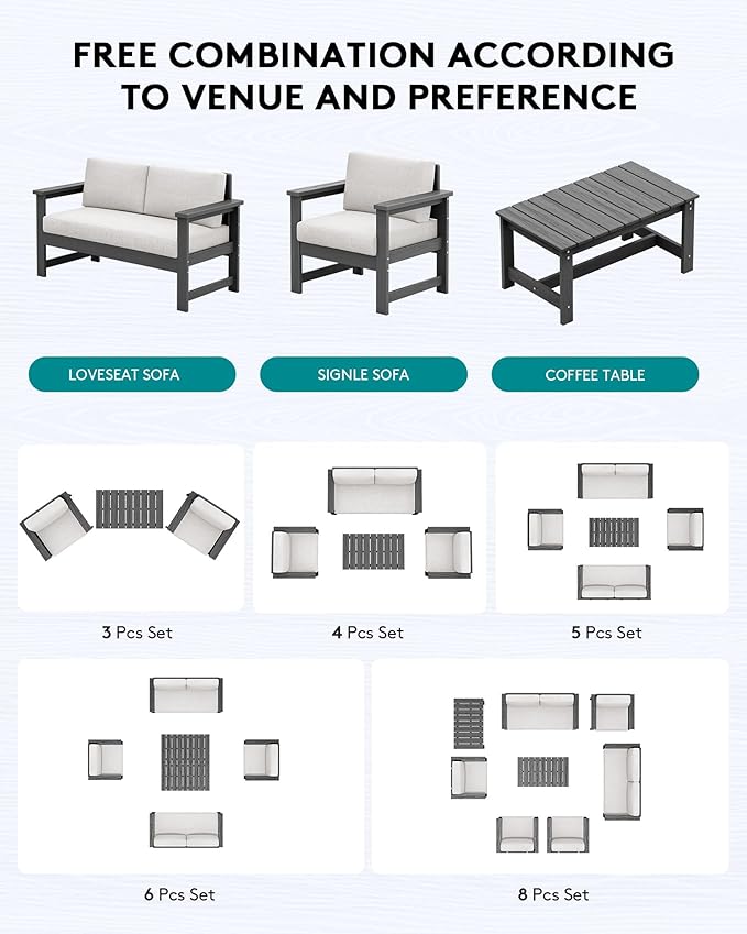 SERWALL 3 Pieces HDPE Outdoor Sofa Bistro Set with Cushions, Outdoor Furniture Sofa Sets with Coffee Table and Cushions, All Weather Conversation Social Set, Grey Frame with Khaki Cushion