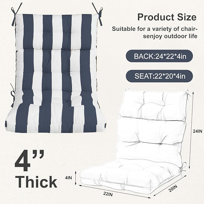 Outdoor High Back Chair Cushions 2-Pack, 44"x22"x 4" Fade-Resistant Waterproof Tufted Pads with Ties for Patio Rocking & Adirondack Chairs (Navy Blue White)