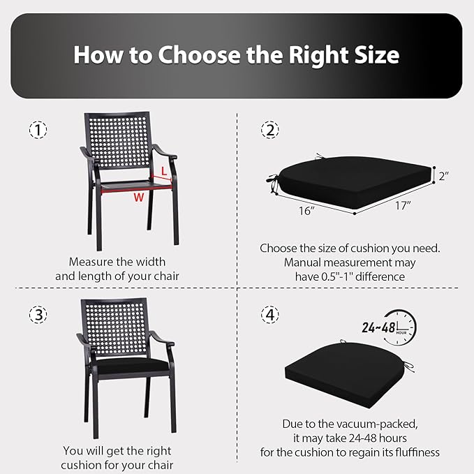 Outdoor Chair Cushions Set of 4, 17 x 16 Inch Patio Chair Cushions for Outdoor Furniture, Water Resistant, Non-Slip Ties (Black)
