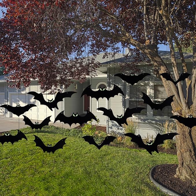 Hanging Bats Halloween Decorations Outdoor - 16 Pack Glowing Eyes Large Flying Bats 5 Different Size, Waterproof Plastic Realistic Black Bats Hanging in Tree Outside Halloween Decoration for Porch