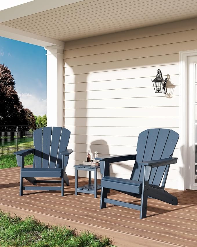Modern HDPE Plastic Adirondack Chair - Oversize 380 LB Poly Lumber Weather Resistant Firepit Chair - Outdoor Patio Chairs with Wooden Textured for Garden, Backyard, Lawn, Deck, Pool, Porch - Navy Blue