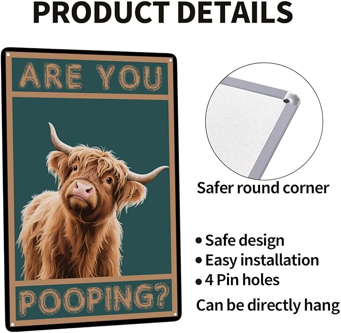 Cow Are You Pooping Bathroom Vintage Metal Tin Sign Retro Rustproof Funny Art Wall Decor Gift for Western Lovers 8x12 Inch