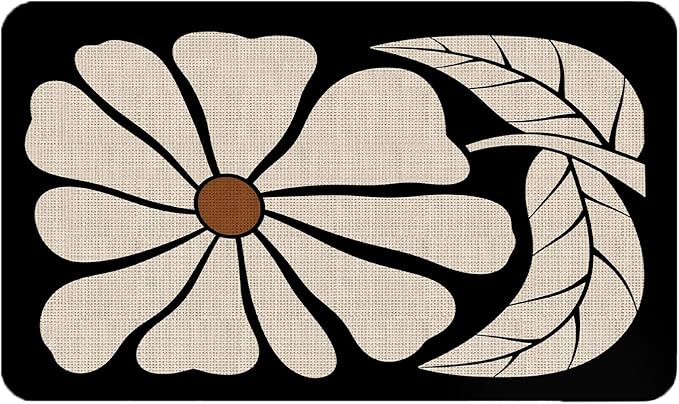 Boho Beige and Black Floral Door Mat - Bohemian Neutral Floral Front Door Welcome Mats Outdoor Entrance, 17x30 Rug