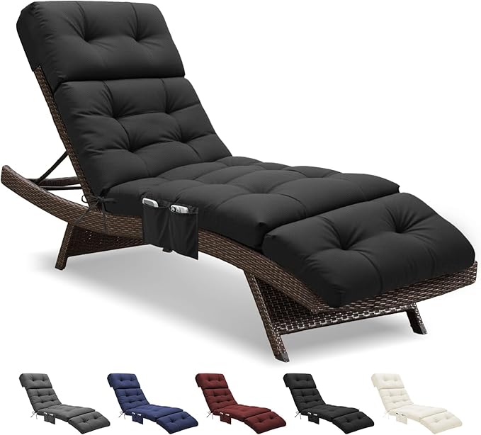 Outdoor Chaise Lounge Chair Cushion Waterproof 74.4 x 22 x 4.7 Inches Lounge Chair Cushions Replacement for Outdoor Furniture with Ties and Pocket, Thickened Pool Lounge Chair Cushions, Black