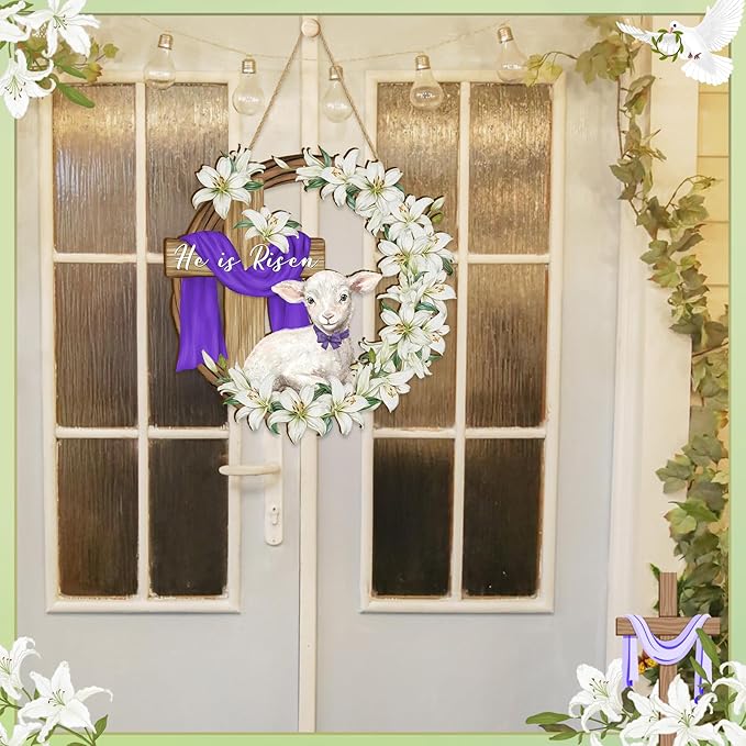 Britimes Easter Welcome Door Sign He is Risen Wooden Hanging Sign Religious Christian Cross Wall Art Spring Front Door Wealth Rustic Farmhouse Hanger for Home Outdoor Garden Decor