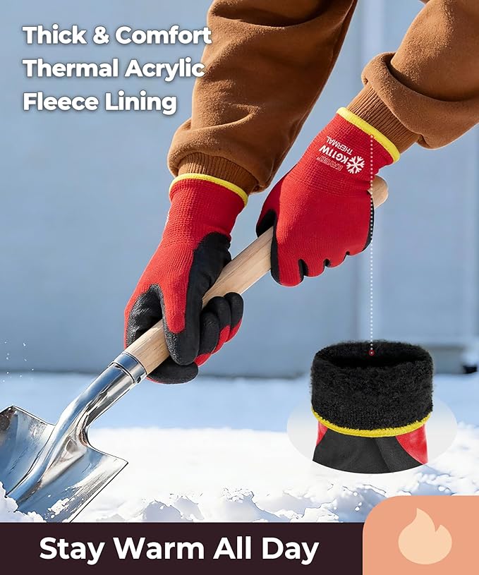 KAYGO Winter Work Gloves for Men and Women, 12 Pairs Thermal Insulated Safety Work Gloves PU Coated, Smooth Grip on Palm & Fingers,Ideal for Freezer Work,Red,XL