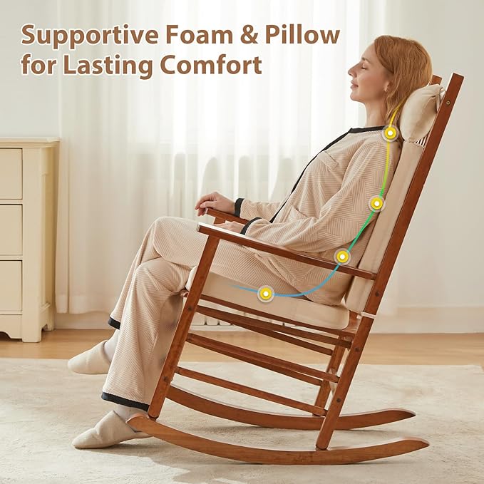 Waterproof Rocking Chair Cushions Outdoor & Indoor, Wooden Rocking Chair Pads Set of 2, Non-Slip Large Glider Rocker Replacement Cushions with Pillow & Ties,Seat Back Cushion for Rocker Beige