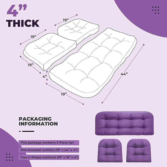 Wicker Chair Cushions, Waterproof Outdoor Loveseat Cushions for Patio Furniture, 3 Pieces Wicker Furniture Cushions, 1 Loveseat and 2 U-Shaped Cushions, Purple