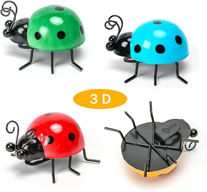 MACLARONX Metal Ladybugs Outdoor Yard Art Garden Fence Decor Set of 4 Cute Lady-Bugs Wall Sculptures Colorful 3D Ornaments for Backyard Balcony