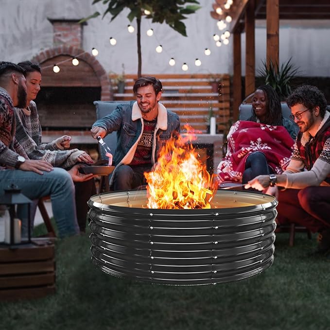 48 Inch Round Galvanized Fire Pit Ring/Fire Ring - Foldable and Perfect for Outdoor Gatherings and Campfires in The Yard/Garden/Park/Beach (Black+Gray, 4 FT Diameter+1.5 FT Tall)