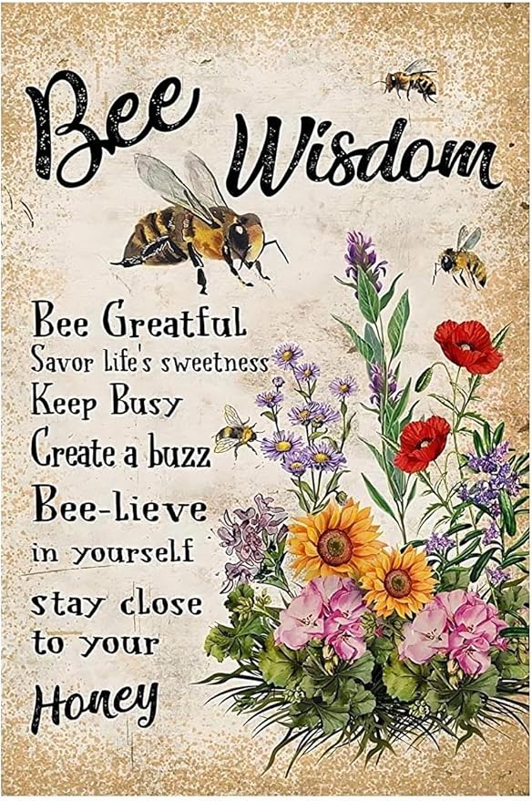 Funny Flowers Metal Poster, Country Rustic Tin Sign, Sunflowers Bee Wisdom, Yard Garage Farm Outside Garden Wall Decor Plaque Outdoor for Home Fence 8 X 12 Inch