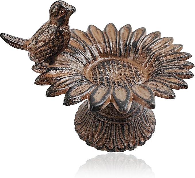 GXXMEI 5.5" Cast Iron Birdfeeder Birdbath Outdoor Garden, Dark Brown(Small Size)