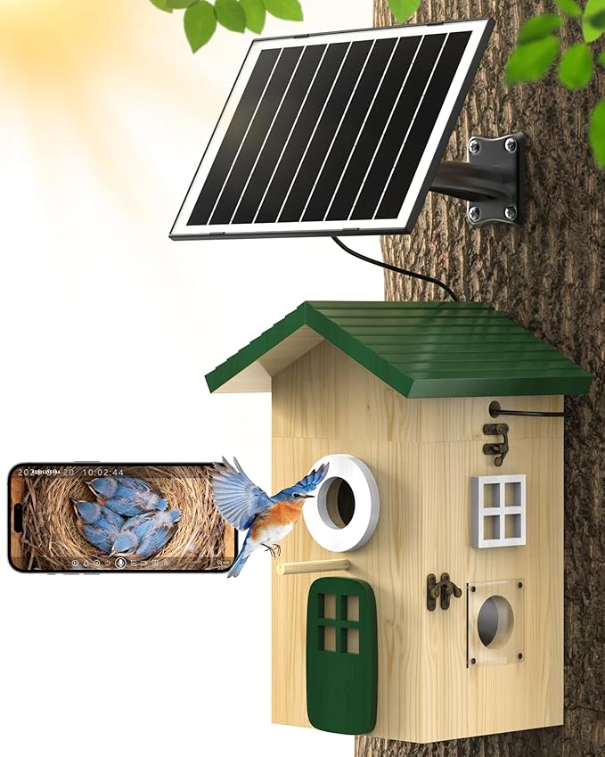 Smart Bird House with Camera Solar Powered, 2K HD Wi-Fi Bird Watching Camera for Birdhouse, Auto Detect & Notify, Night Vision, APP Control, Wooden Birdhouse with Camera Inside（Door & Window）