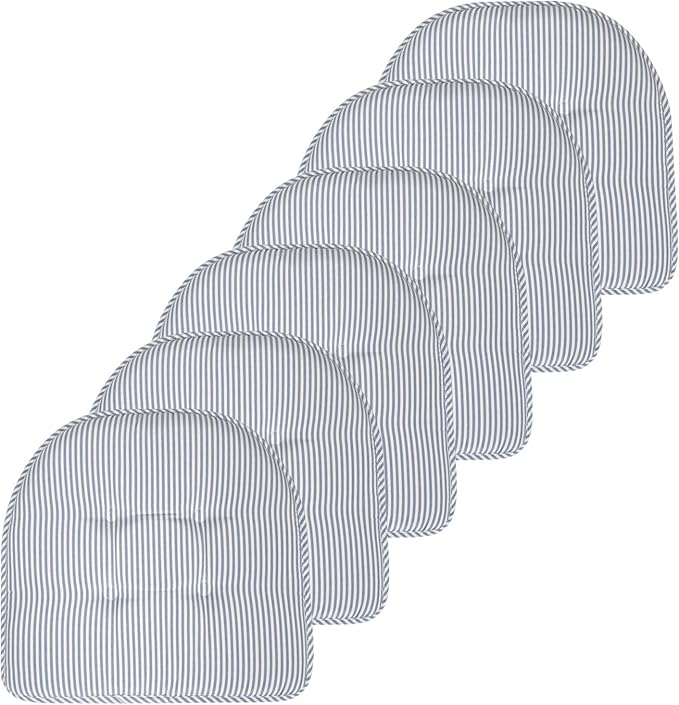 Sweet Home Collection Chair Cushion Memory Foam Pads Tufted Slip Non Skid Rubber Back U-Shaped 17" x 16" Seat Cover, 6 Count (Pack of 1), Pinstripe Blue