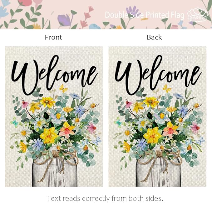 CROWNED BEAUTY Spring Floral Garden Flag Mason Jar 12x18 Inch Double Sided Small Burlap Seasonal Holiday Flag for Outside Yard Welcome CF1377-12