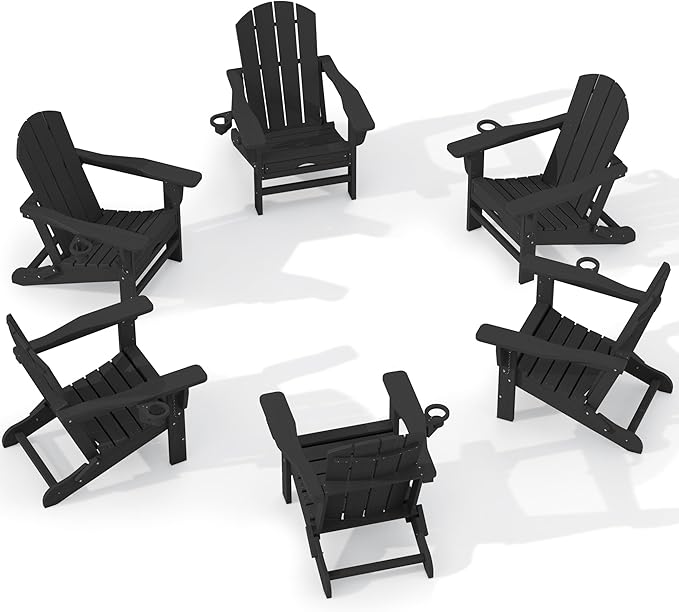 KINGYES Folding Adjustable Adirondack Chair with Retractable Ottoman Set of 6, HDPE All Weather Chair with Cup Holder - Recliner Adirondack Chair, Black