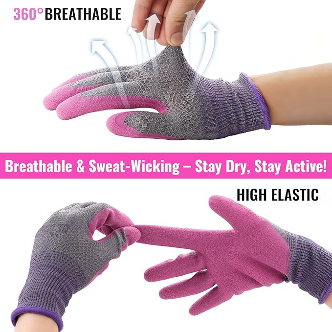 Gardening Gloves for Women 6 Pairs, Garden Gloves for Pruning Flower Rose, Weeding, Digging, Raking, Flower gloves with Rubber coating (Small, Pink)