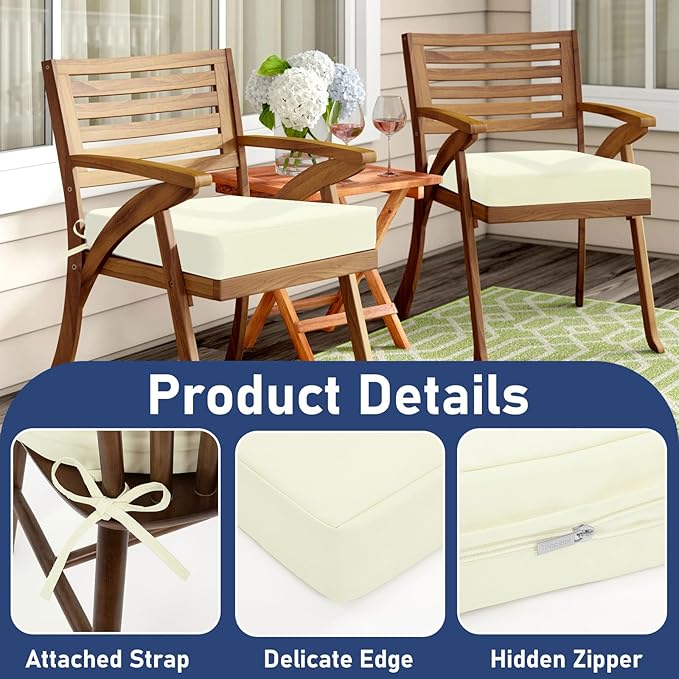 Topotdor Outdoor Chair Cushions Set of 2, 18.5"x16.5"x3" Waterproof Patio Chair Cushions for Outdoor Furniture, Square Corner Outdoor Seat Cushions Color Fastness Chair Pads with Ties, Cream