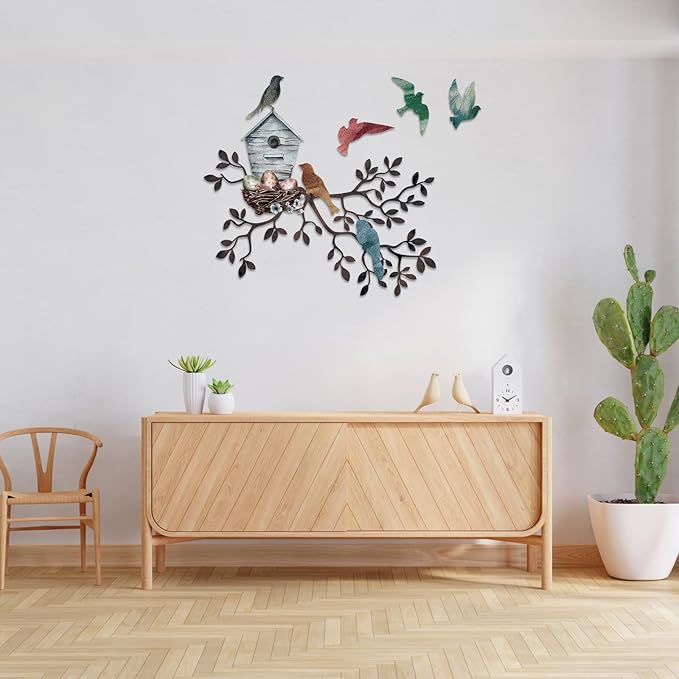 Tatuo Metal Bird Wall Art Birds on The Branch Wall Decor Hanging Metal Tree with Birdhouse for Living Room Tree Leaf Decor for Indoor Outdoor Garden Bedroom Office Home Housewarming Party