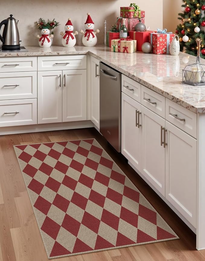Easy Jute Checkered Christmas Rug, 2x3 Modern Red Xmas Indoor Outdoor Doormat, Washable Non-Slip Neutral Small Kitchen Rug Farmhouse Diamond Throw Rugs for Entrance Bedroom Bathroom